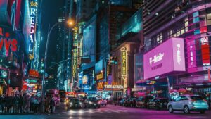 Vibrant street view of Times Square at night, bustling with traffic and pedestrians. Neon lights and billboards illuminate the scene, advertising brands like Regal Cinemas, Madame Tussauds, and T-Mobile, creating a lively urban atmosphere.