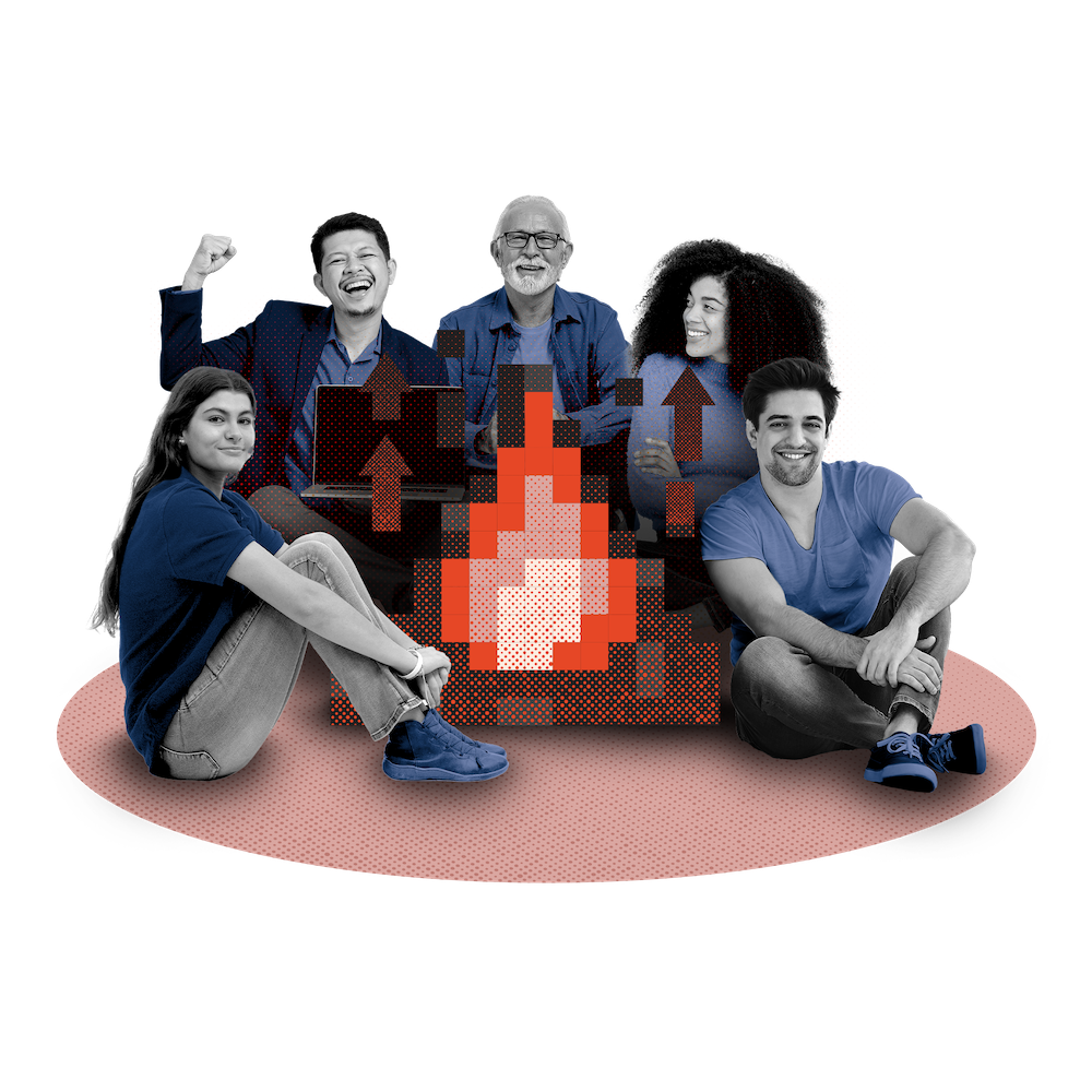 Five people sit in a semi-circle around a pixelated campfire, with two seated in front and three behind. Everyone is smiling or relaxed, wearing casual clothes.