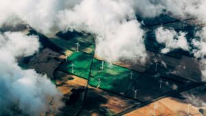 Aerial photo of wind turbines in farms.